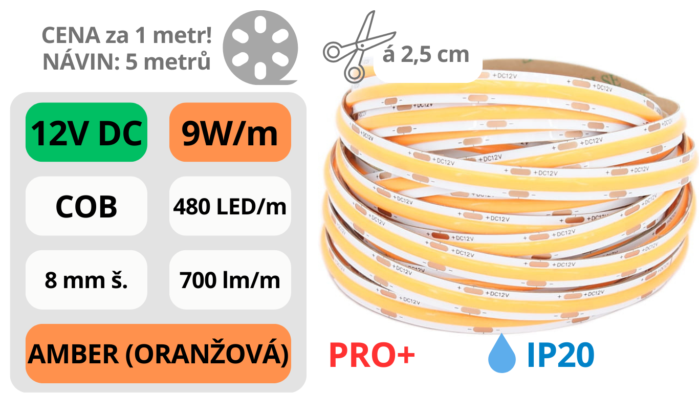 LED pásek COB 12V / 480LED / 9W / AMBER / IP20 / 8mm / PRO+